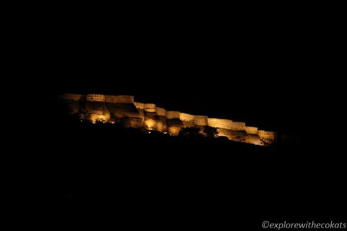 The fort lit up at night