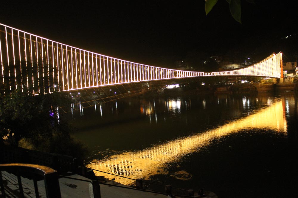 The beautifully lit up Lakshman Jhula in Rishikesh