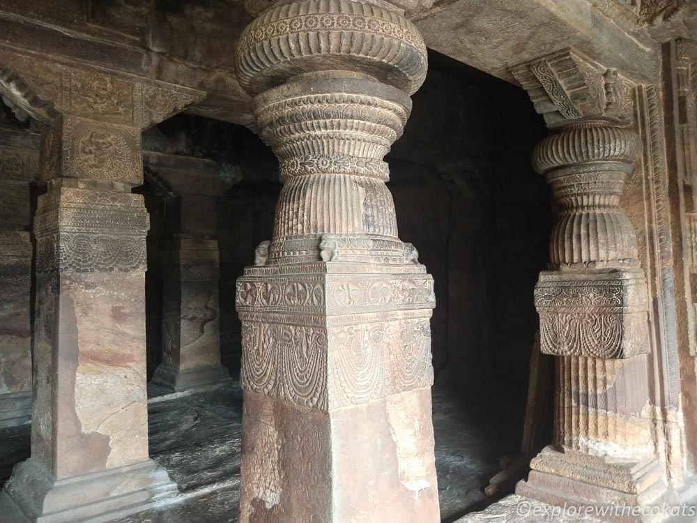 Intricately carved pillars at Badami cave temples