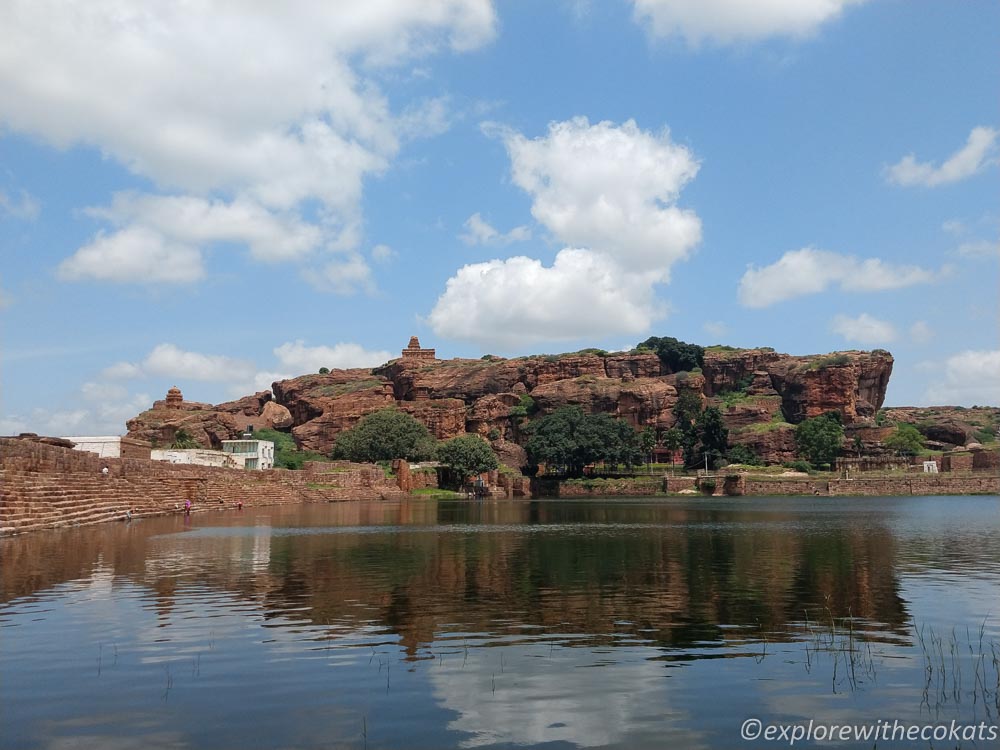 Agastya lake overlooking the sandstone cliffs of Badami town