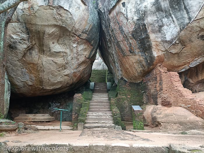 Hiking in Sigiriya through narrow paths and boulders