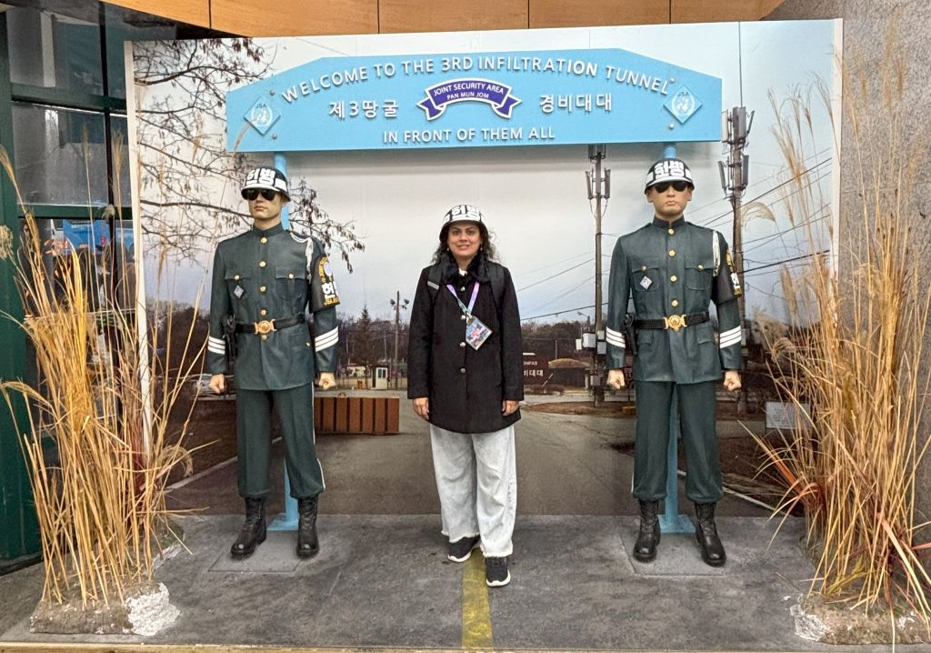 Posing with soldier mannequins at DMZ