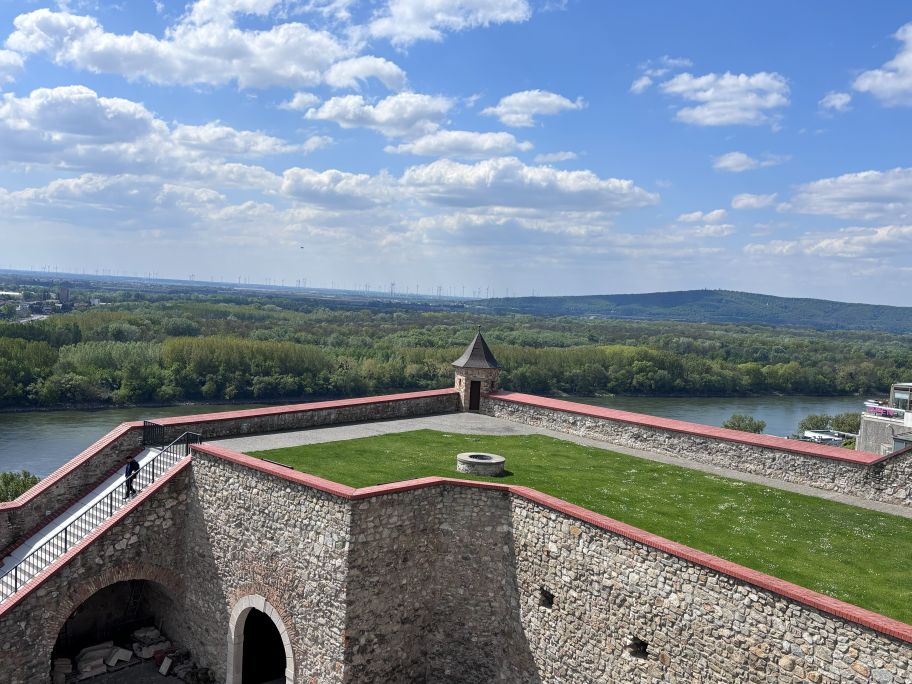 Windmills, Danube river and part of Bratislava castle